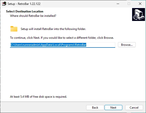Select Destination Location, with the default per-user folder.
