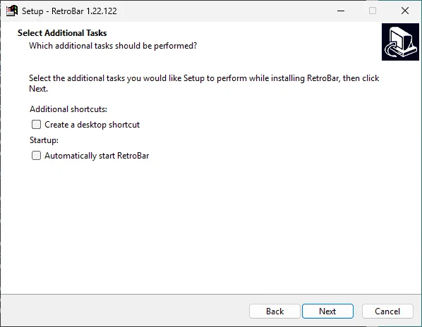 Select Additional Tasks: both options unticked by default.