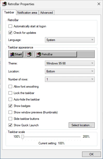 RetroBar Properties, Taskbar tab, with the Windows 95-98 theme.