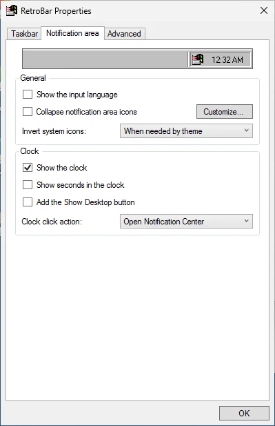 RetroBar Properties, Notification area tab, with the Windows 95-98 theme.