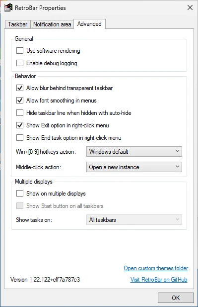 RetroBar Properties, Advanced tab, with the Windows 95-98 theme.