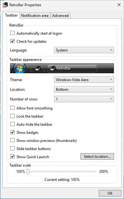 RetroBar Properties, Taskbar tab, with the Windows Vista Aero theme.