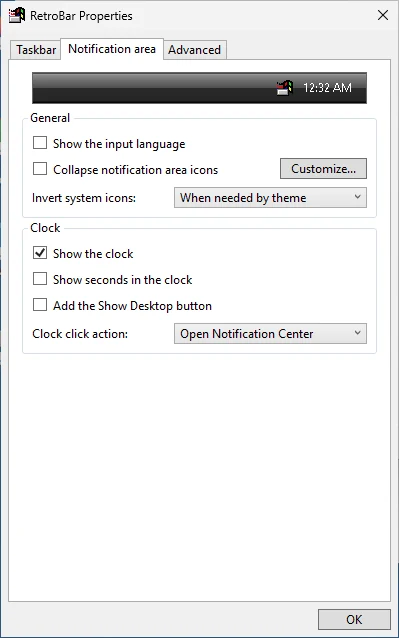 RetroBar Properties, Notification area tab, with the Windows Vista Aero theme.