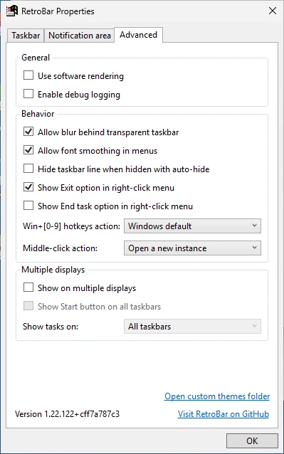 RetroBar Properties, Advanced tab, with the Windows Vista Aero theme.