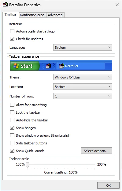 RetroBar Properties, Taskbar tab, with the Windows XP Blue theme.