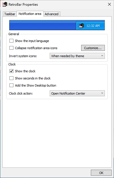 RetroBar Properties, Notification area tab, with the Windows XP Blue theme.