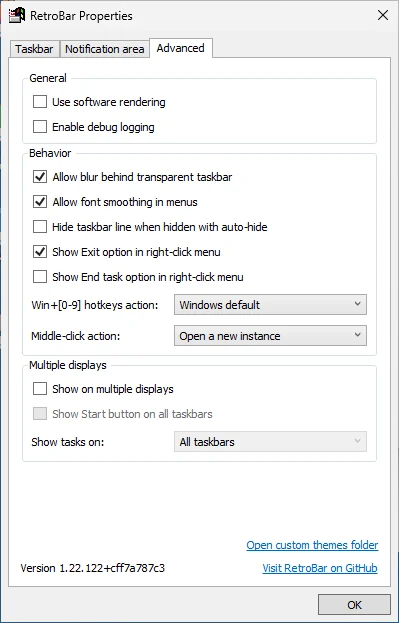 RetroBar Properties, Advanced tab, with the Windows XP Blue theme.