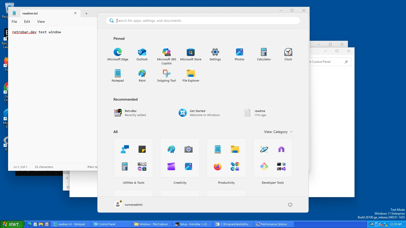 Clicking RetroBar's Start button (XP Blue theme) opens the normal Windows 11 Start menu.