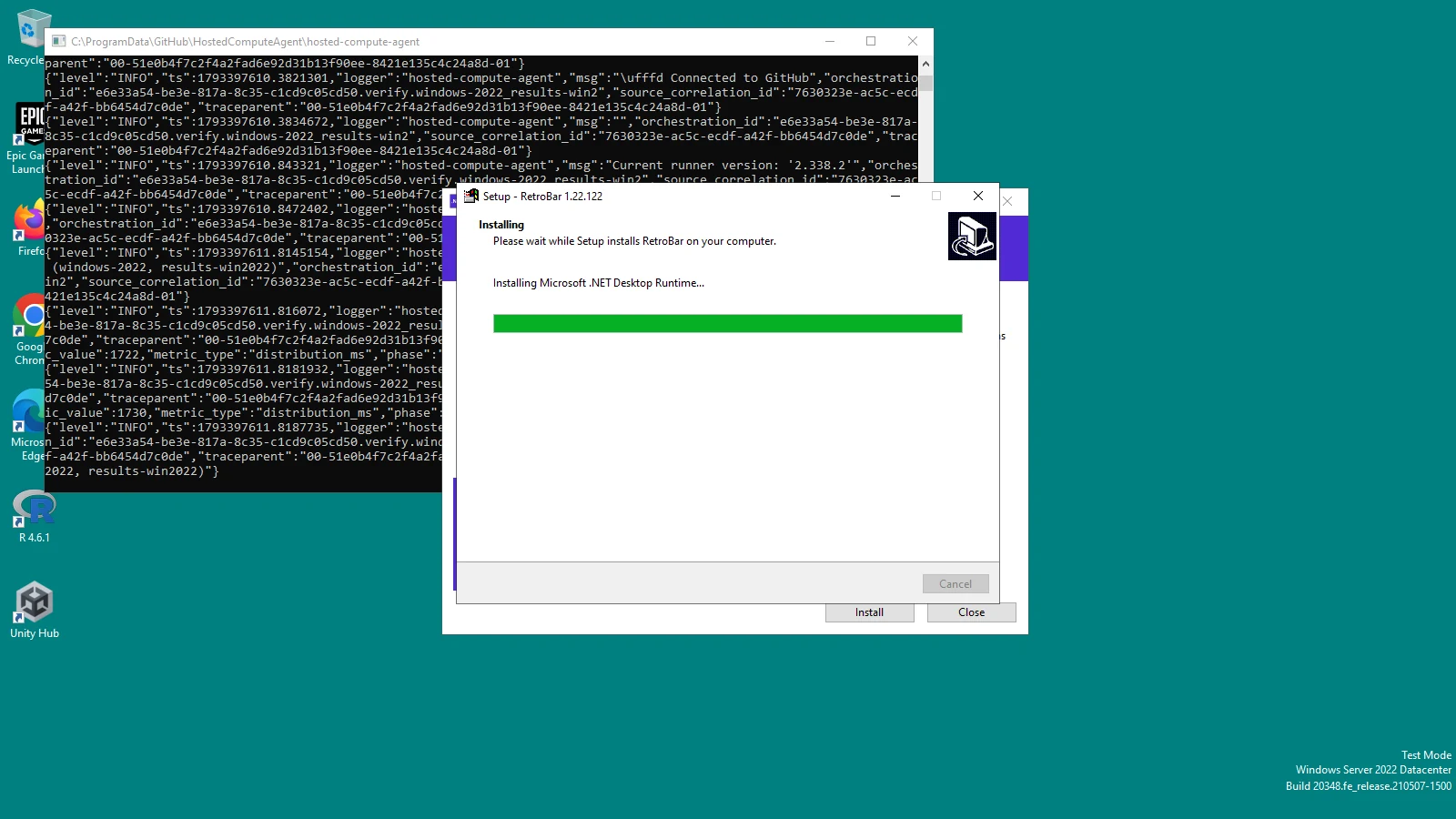 What it looks like: RetroBar setup in front, the .NET installer's Install and Close buttons peeking out behind it.