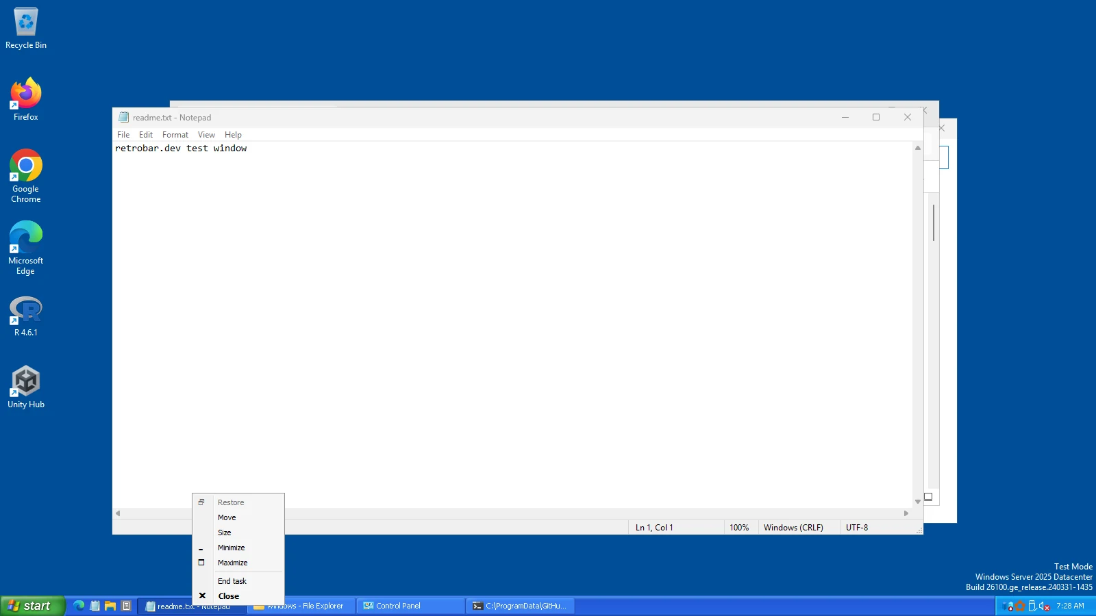 Right-clicking a task button, with End task turned on.