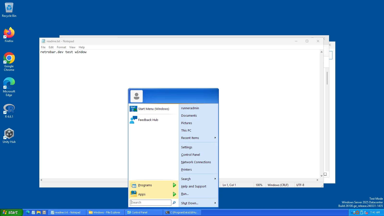 RetroBar's Windows XP Blue theme with Open-Shell and our XP preset, opened from RetroBar's Start button.