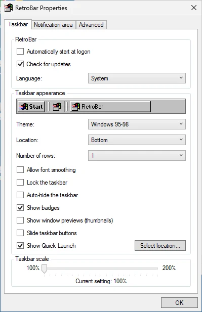 RetroBar Properties, Taskbar tab, with the Windows 95-98 theme.