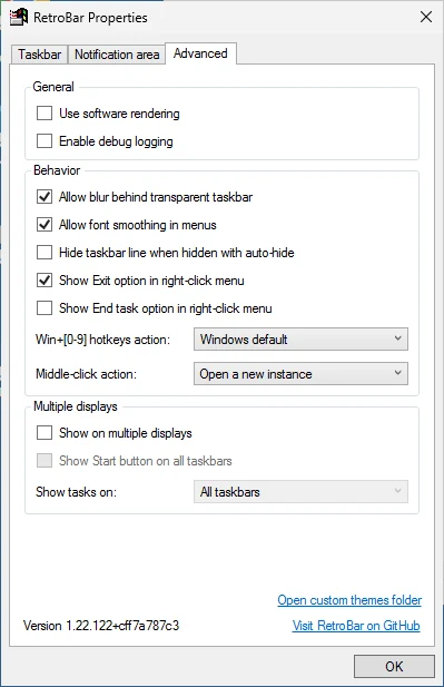 RetroBar Properties, Advanced tab: the Multiple displays group at the bottom.