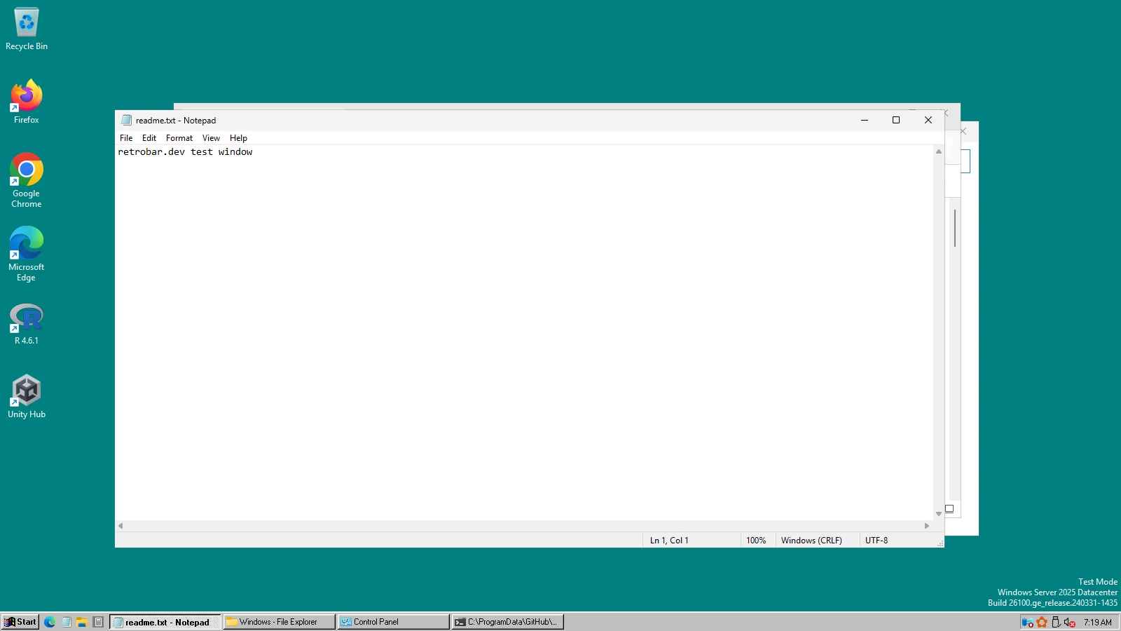 RetroBar's default Windows 95-98 taskbar on Windows Server 2025, the Windows 11 shell.