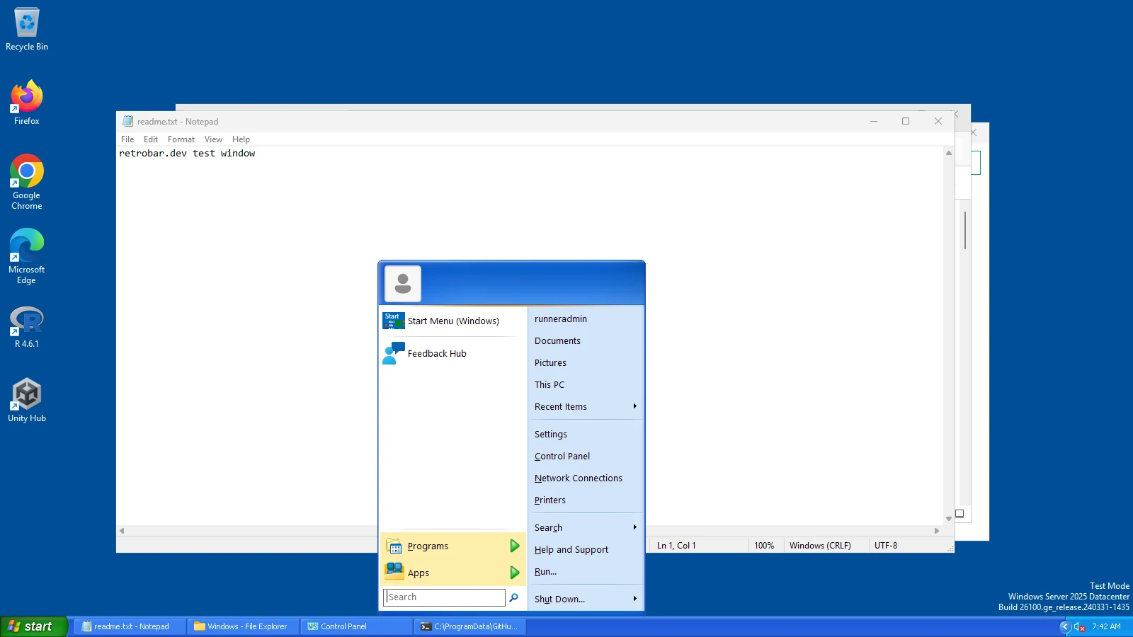 Windows XP look: RetroBar on Windows Server 2025, from our test run