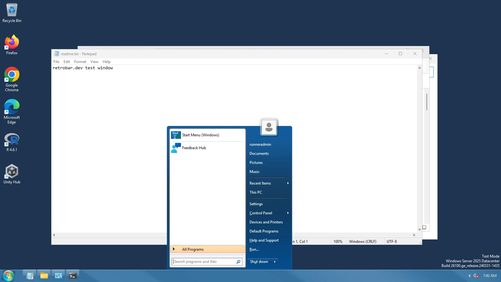 Windows 7 script: the result after it ran, Start button clicked.