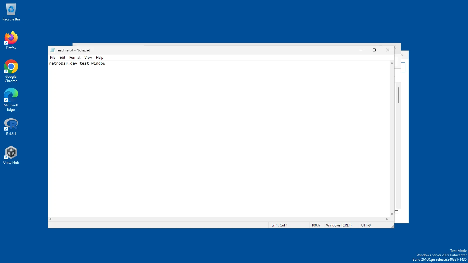 Test C, the moment RetroBar crashed: no taskbar at all. Windows' own taskbar stays hidden too, until you answer RetroBar's error message.